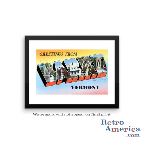 Greetings from Barre Vermont VT Postcard Framed Wall Art