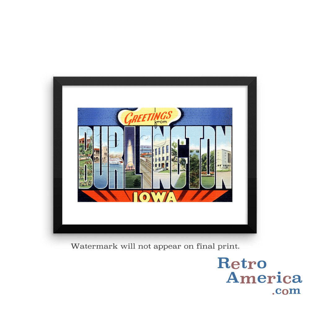Greetings from Burlington Iowa IA 2 Postcard Framed Wall Art