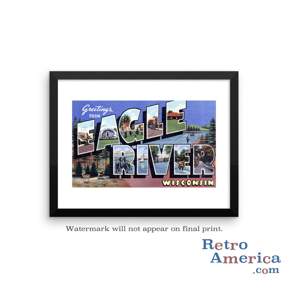 Greetings from Eagle River Wisconsin WI Postcard Framed Wall Art