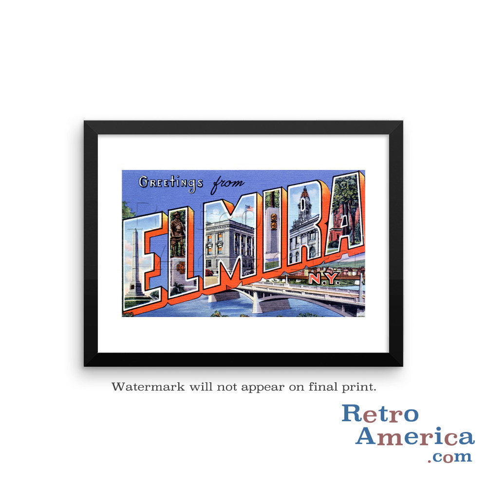 Greetings from Elmira New York NY Postcard Framed Wall Art