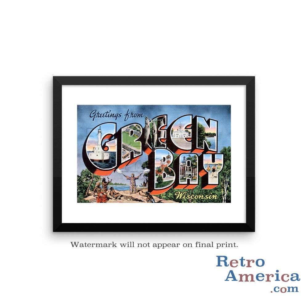 Greetings from Green Bay Wisconsin WI Postcard Framed Wall Art