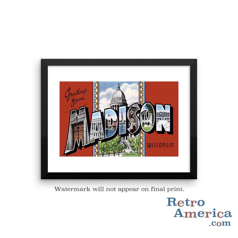 Greetings from Madison Wisconsin WI 2 Postcard Framed Wall Art