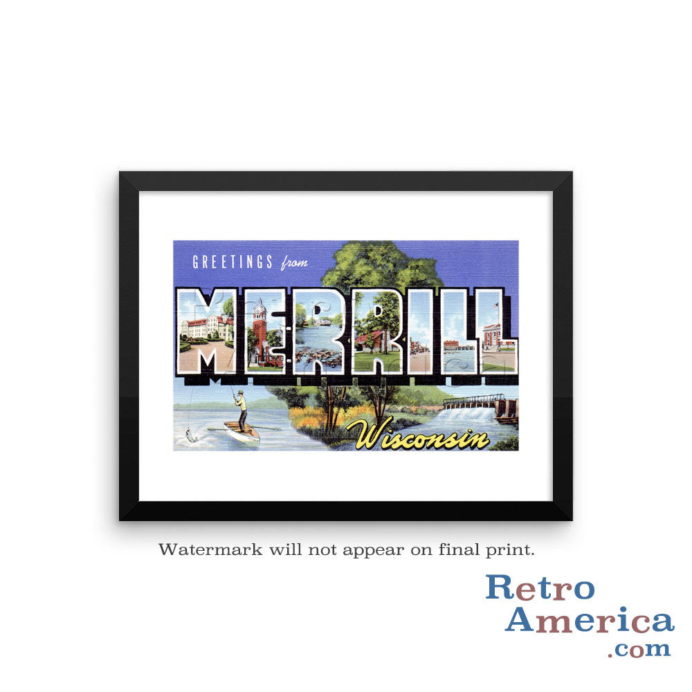 Greetings from Merrill Wisconsin WI Postcard Framed Wall Art