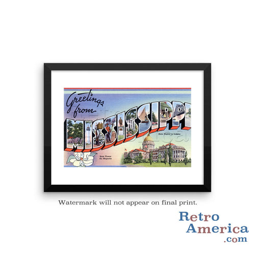 Greetings from Mississippi Ms Postcard Framed Wall Art