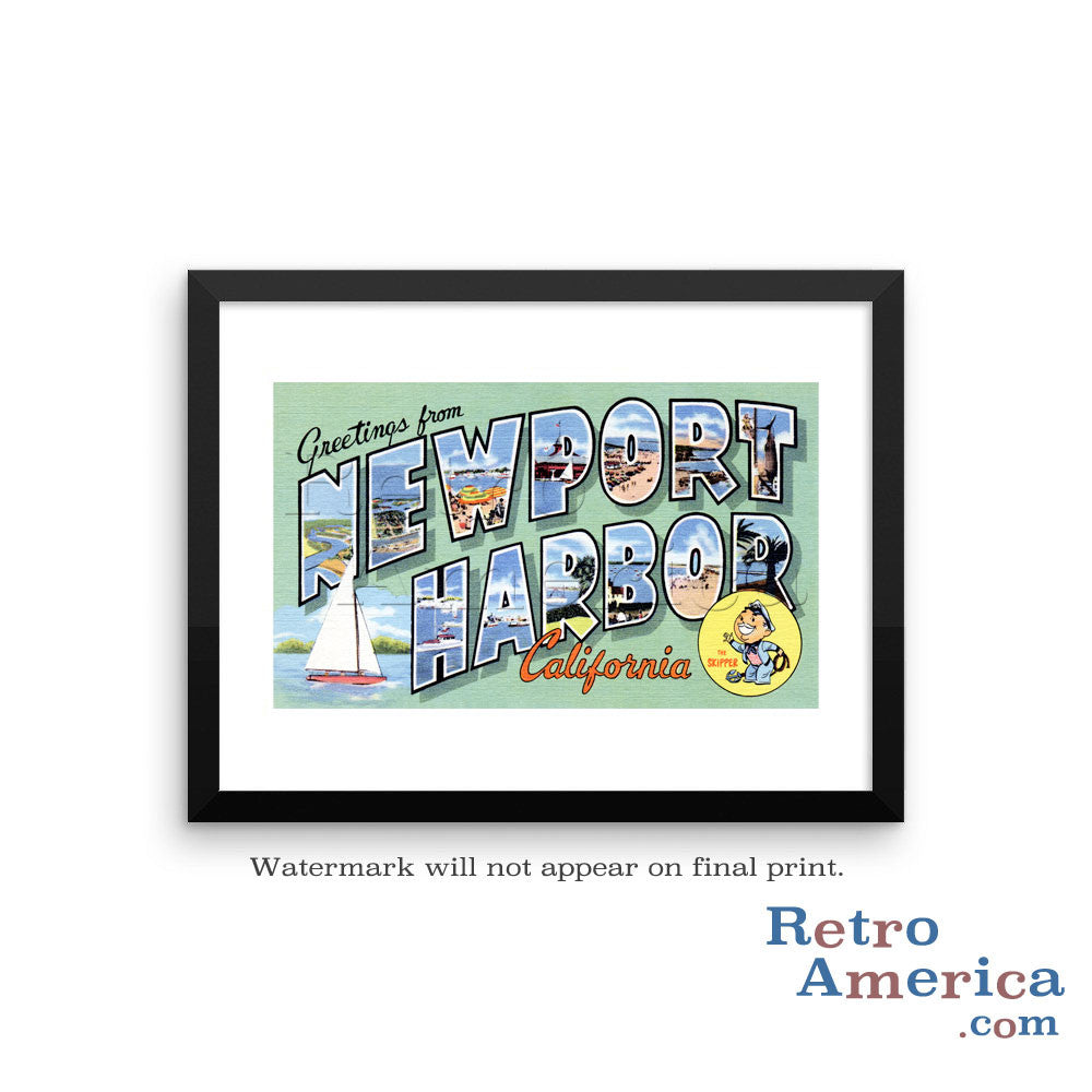 Greetings from Newport Harbor California CA Postcard Framed Wall Art