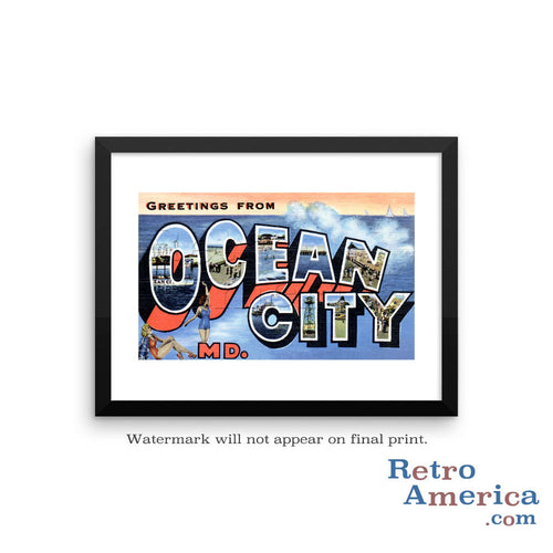 Greetings from Ocean City Maryland Md Postcard Framed Wall Art