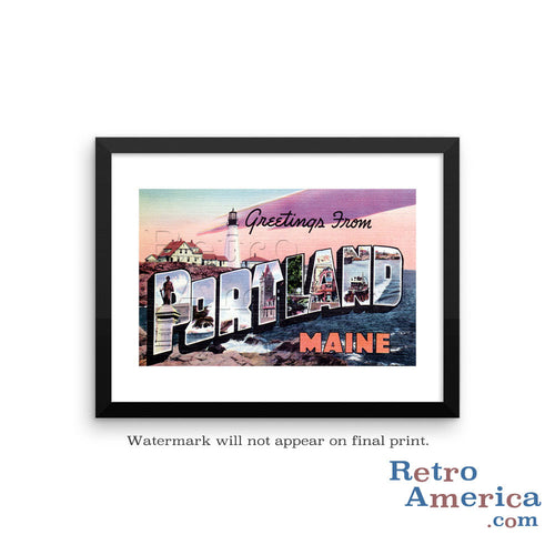 Greetings from Portland Maine ME 2 Postcard Framed Wall Art