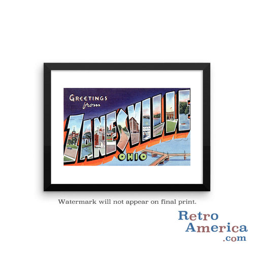 Greetings from Zanesville Ohio OH Postcard Framed Wall Art
